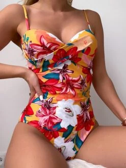 Women's Swimwear One Piece Monokini Normal Swimsuit Tummy Control Floral Floral Print Yellow Padded Strap Bathing Suits Sports Vacation Sexy