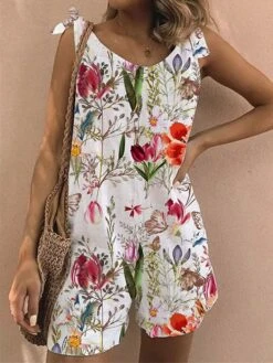 Women's Romper Print Floral Crew Neck Casual Going Out Weekend Loose Fit Strap White S M L Spring