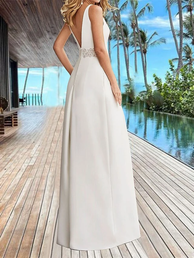 Women's Jumpsuit Lace Backless Solid Color V Neck Dressy Weddding Elegant Party Business Regular Fit Sleeveless White S M L Summer 2 Women's Jumpsuit Lace Backless Solid Color V Neck Dressy Weddding Elegant Party Business Regular Fit Sleeveless White S M L Summer - Image 2