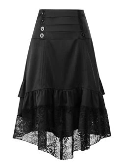 Women's Skirt Asymmetrical Polyester Lace Over Charmeuse Black Red Navy Blue Skirts Winter Ruffle Drawstring Side Button High Waist Steampunk® Retro Gothic Carnival Costumes Ladies Christmas -Outlet Suit Skirt Fit Store aiybrc1635224744380