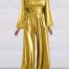 Women‘s Jumpsuit Sparkly Solid Color Stand Collar Elegant Christmas Wedding Party Xmas Wide Leg Regular Fit Long Sleeve Pink Gold S M L All Seasons