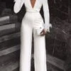 Women‘s Jumpsuit Feather Solid Color Deep V Wedding Elegant Party Evening Prom Wide Leg Slim Long Sleeve White S M L Fall