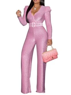 Women's Jumpsuit Lace Up Zipper V Neck Streetwear Street Vacation Regular Fit Long Sleeve Pink Red Black S M L Fall