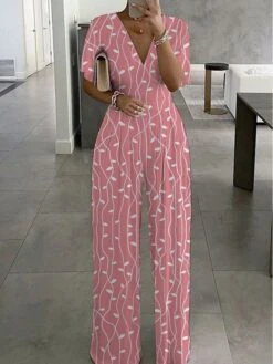 Women's Jumpsuit Print Geometric V Neck Elegant Business Holiday Straight Regular Fit Short Sleeve T-shirt Sleeve Pink Blue Green S M L Summer -Outlet Suit Skirt Fit Store axpbny1686296523399