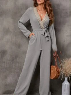 Women's Jumpsuit Lace Up Patchwork Color Block V Neck Business Office Work Regular Fit Long Sleeve Black Blue Green S M L Summer -Outlet Suit Skirt Fit Store azbmmf1681730481544