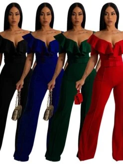Women's Jumpsuit Ruffle High Waist Solid Color Off Shoulder Elegant Wedding Party Regular Fit Short Sleeve Black Red Blue S M L Fall