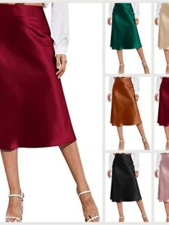 Women's Skirt A Line Midi Satin Wine Black Pink Brown Skirts Fall & Winter Fashion Elegant Party Street S M L