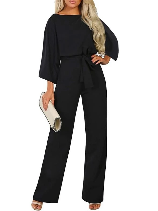 Women's Jumpsuit Lace Up High Waist Solid Color Crew Neck Business Office Work Regular Fit 3/4 Length Sleeve Black Navy Blue Beige S M L Fall 1 Women's Jumpsuit Lace Up High Waist Solid Color Crew Neck Business Office Work Regular Fit 3/4 Length Sleeve Black Navy Blue Beige S M L Fall