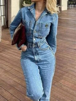 Women's Jumpsuit Button Pocket Solid Color Shirt Collar Streetwear Street Daily Regular Fit Long Sleeve Blue XS S M Fall