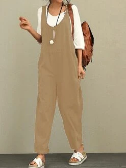 Women's Jumpsuit Pocket Maillard Solid Color Deep U Streetwear Street Daily Straight Loose Fit Sleeveless Brown Green Khaki S M L Fall -Outlet Suit Skirt Fit Store beapgj1692670511952