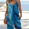 Women's Romper Print Marbling U Neck Casual Street Vacation Baggy Shorts Loose Fit Strap Tank Blue Rainbow S M L Summer