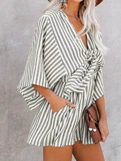 Women's Romper Lace Up Pocket Striped V Neck Casual Street Daily Regular Fit 3/4 Length Sleeve Pink Khaki Light Blue S M L Summer -Outlet Suit Skirt Fit Store beuknj1678187355239