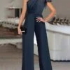 Women's Jumpsuit Ruffle High Waist Solid Color One Shoulder Elegant Wedding Party Regular Fit Short Sleeve Navy Blue S M L Summer