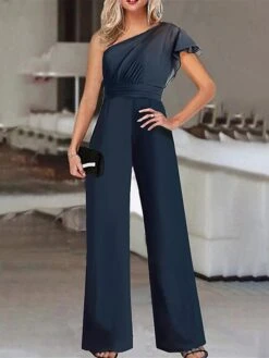 Women's Jumpsuit Ruffle High Waist Solid Color One Shoulder Elegant Wedding Party Regular Fit Short Sleeve Navy Blue S M L Summer
