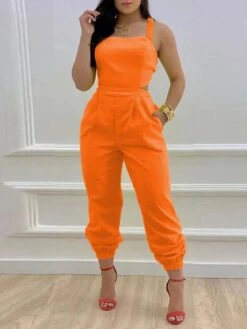 Women's Jumpsuit Backless Print Solid Color Square Neck Casual Daily Holiday Regular Fit Sleeveless Yellow Orange Red S M L Spring -Outlet Suit Skirt Fit Store bhlkbr1649412319272
