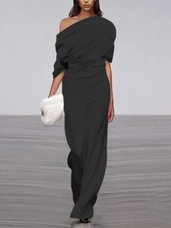 Jumpsuits For Women Summer Dressy Solid OL Elegant Sleeveless Wide Leg Long Pants Romper One Shoulder Casual Overalls -Outlet Suit Skirt Fit Store bjnqis1643004939902