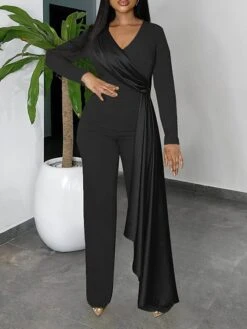 Women's Jumpsuit High Waist Solid Color V Neck Elegant Wedding Party Regular Fit Long Sleeve Black Blue Orange S M L Summer -Outlet Suit Skirt Fit Store blqehp1678257631410