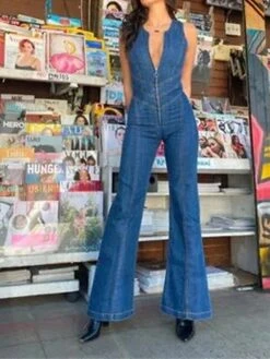Denim Jumpsuit For Women Backless Zipper Solid Color V Neck Business Office Work Regular Fit Sleeveless Blue XS S M Summer Cowgirl Jeans & Western Wear -Outlet Suit Skirt Fit Store bowjfz1681730547939