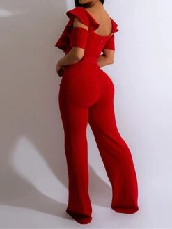 Women's Jumpsuit Ruffle High Waist Solid Color Off Shoulder Elegant Wedding Party Regular Fit Short Sleeve Black Red Blue S M L Fall -Outlet Suit Skirt Fit Store bpdadt1697522059346