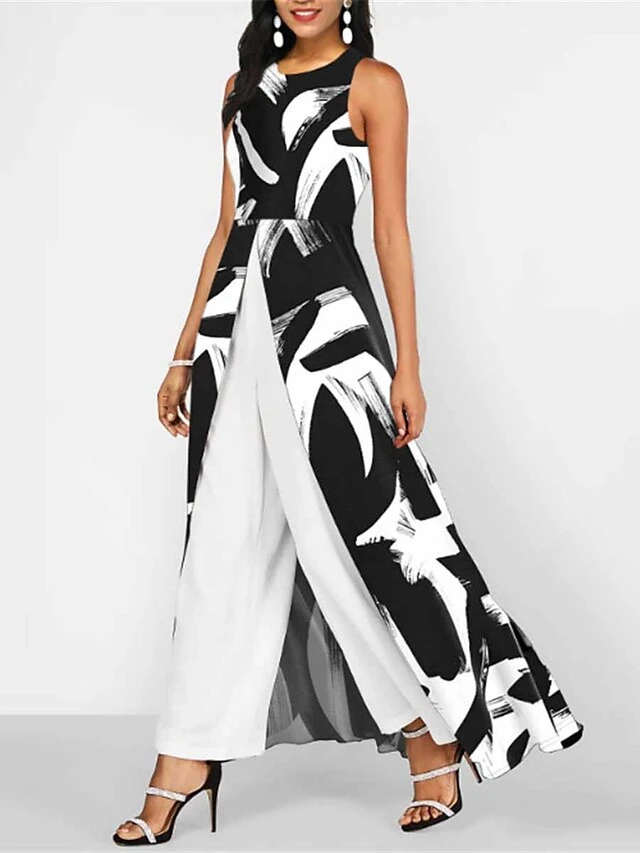 Jumpsuits For Women Dressy Overlay Split Print Solid Color Crew Neck Streetwear Office Work Regular Fit Sleeveless Black White Wine S M L Summer Fall 6 Jumpsuits For Women Dressy Overlay Split Print Solid Color Crew Neck Streetwear Office Work Regular Fit Sleeveless Black White Wine S M L Summer Fall - Image 6