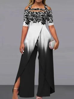 Women's Jumpsuit Print Gradient Off Shoulder Elegant Wedding Party Wide Leg Regular Fit Short Sleeve Black White Royal Blue S M L Summer