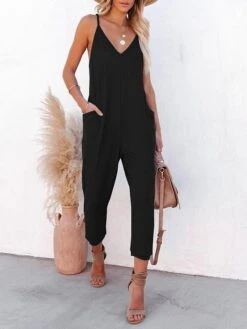 One Piece Jumpsuits For Women Solid Color Patch Pocket V Neck Casual Daily Vacation Regular Fit Sleeveless Black Pink Red S M L Spring