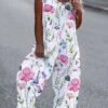 White Jumpsuits For Women Casual Summer Overall Button Pocket Floral U Neck Holiday Daily Vacation Casual Straight Regular Fit Sleeveless Sleeveless S M L