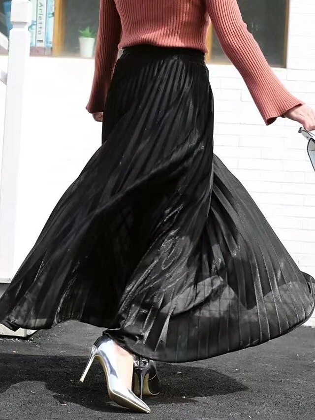 Women's Skirt Swing Long Skirt Maxi Silver Black Red Blue Skirts Pleated Streetwear Summer Holiday Weekend S M L 2 Women's Skirt Swing Long Skirt Maxi Silver Black Red Blue Skirts Pleated Streetwear Summer Holiday Weekend S M L - Image 2