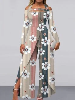 Women's Jumpsuit Print Floral Off Shoulder Elegant Wedding Party Wide Leg Regular Fit Long Sleeve Khaki S M L All Seasons