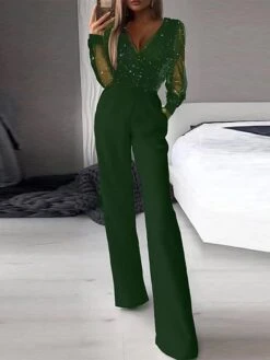 Women‘s Jumpsuit For Special Occasions Mesh Sequin Solid Color V Neck Elegant Party Prom Regular Fit Long Sleeve Black S M L SpringFall -Outlet Suit Skirt Fit Store byvhir1666840000808