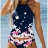 Women's Swimwear Tankini Bathing Suits 2 Piece Normal Swimsuit Halter 2 Piece Modest Swimwear Floral Floral Print Navy Blue Padded Bathing Suits Sports Vacation Beach Wear