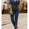 Women's Jumpsuit Button High Waist Solid Color Shirt Collar Streetwear Office Work Regular Fit Half Sleeve White Pink Blue S M L Summer