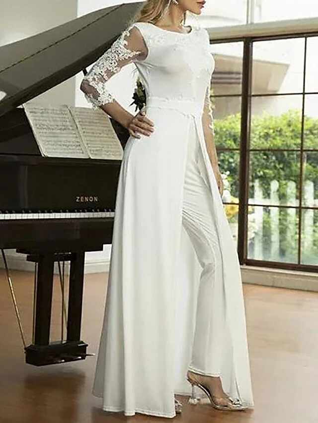 Women's Jumpsuit Lace Solid Color Crew Neck Streetwear Wedding Party Regular Fit Long Sleeve White S M L Summer 4 Women's Jumpsuit Lace Solid Color Crew Neck Streetwear Wedding Party Regular Fit Long Sleeve White S M L Summer - Image 4