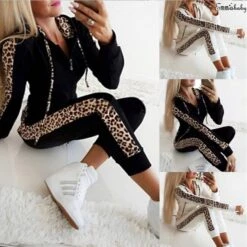 Women's Tracksuit Sweatsuit 2 Piece Full Zip Casual Winter Long Sleeve Thermal Warm Breathable Moisture Wicking Fitness Running Jogging Sportswear Activewear Leopard White Black / Hoodie / Athleisure
