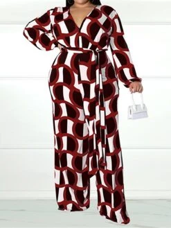 Women's Jumpsuit High Waist Print Geometric V Neck Casual Street Daily Regular Fit Long Sleeve Black Yellow Wine XL XXL 3XL Spring
