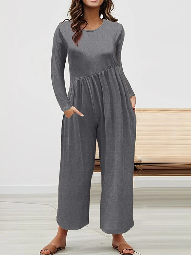 Women's Jumpsuit Pocket High Waist Solid Color Crew Neck Streetwear Street Daily Regular Fit Long Sleeve Black Yellow Red S M L Fall 3 Women's Jumpsuit Pocket High Waist Solid Color Crew Neck Streetwear Street Daily Regular Fit Long Sleeve Black Yellow Red S M L Fall - Image 3