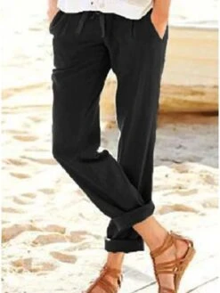 Women's Pants Trousers Baggy Straight Ankle-Length Faux Linen Pocket Baggy Micro-elastic Casual Lounge Casual Daily Black Blue S M