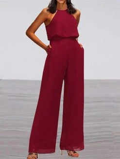 Women's Jumpsuit Pocket High Waist Solid Color Halter Neck Elegant Wedding Party Regular Fit Sleeveless Wine S M L Summer