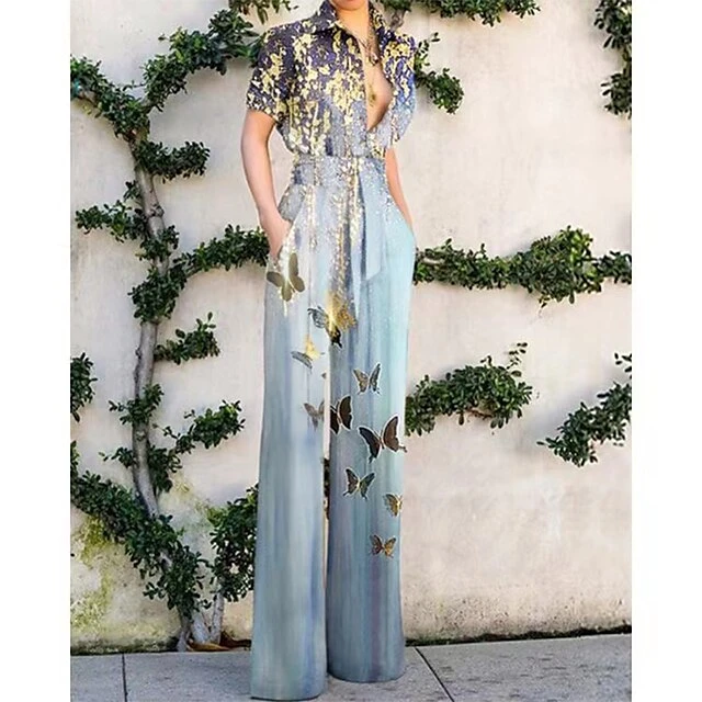 Jumpsuits For Women Summer Dressy Lace Up Floral Shirt Collar Elegant Daily Vacation Straight Regular Fit Short Sleeve Blue S M L Spring 2 Jumpsuits For Women Summer Dressy Lace Up Floral Shirt Collar Elegant Daily Vacation Straight Regular Fit Short Sleeve Blue S M L Spring - Image 2