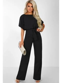 Women's Jumpsuit Belted Round Neck Basic Daily Straight Regular Fit Short Sleeve Black Blue Pink S M L Summer -Outlet Suit Skirt Fit Store cskath1552907405213
