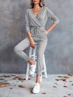 Women's Jumpsuit Lace Up Pocket Solid Color V Neck Streetwear Daily Vacation Regular Fit Long Sleeve Black Gray S M L Fall
