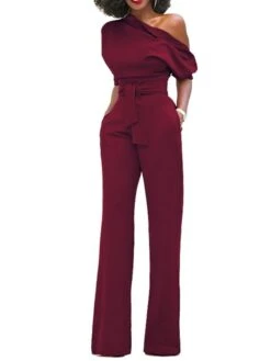 Jumpsuits For Women Dressy Pocket High Waist Solid Color One Shoulder Elegant Xmas Party Christmas Street Regular Fit Half Sleeve Black Blue Yellow S M L Fall Winter Summer -Outlet Suit Skirt Fit Store dfgytv1666854274025