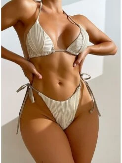 Sexy String Bikini 2023 Women Solid Colors Thong Halter Bikinis Set Textured Swimsuit Adjustable Micro Bathing Suit Feminino Biquini Set Beachwear Swimming Suit