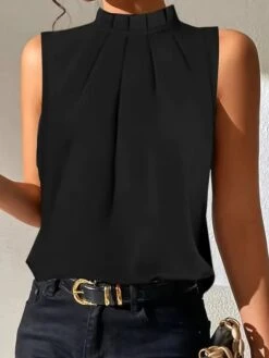 Women's Tank Top Black Plain Sleeveless Casual Basic High Neck Regular Fit
