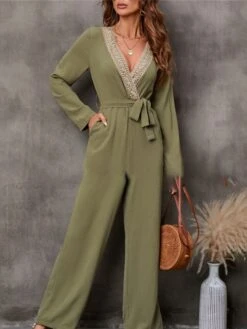 Women's Jumpsuit Lace Up Patchwork Color Block V Neck Business Office Work Regular Fit Long Sleeve Black Blue Green S M L Summer -Outlet Suit Skirt Fit Store dfxqbm1681730481045