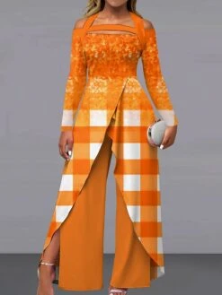 Women's Jumpsuit Print Plaid Off Shoulder Elegant Wedding Party Wide Leg Regular Fit Long Sleeve Light Green Pink Blue S M L All Seasons