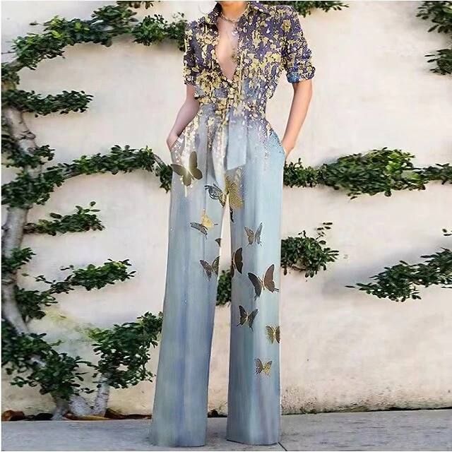 Jumpsuits For Women Summer Dressy Lace Up Floral Shirt Collar Elegant Daily Vacation Straight Regular Fit Short Sleeve Blue S M L Spring 1 Jumpsuits For Women Summer Dressy Lace Up Floral Shirt Collar Elegant Daily Vacation Straight Regular Fit Short Sleeve Blue S M L Spring