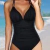 Women's Swimwear One Piece Normal Swimsuit Ruched Solid Color Claret Black Navy Blue Green Rose Red Bodysuit Bathing Suits Sports Beach Wear Summer