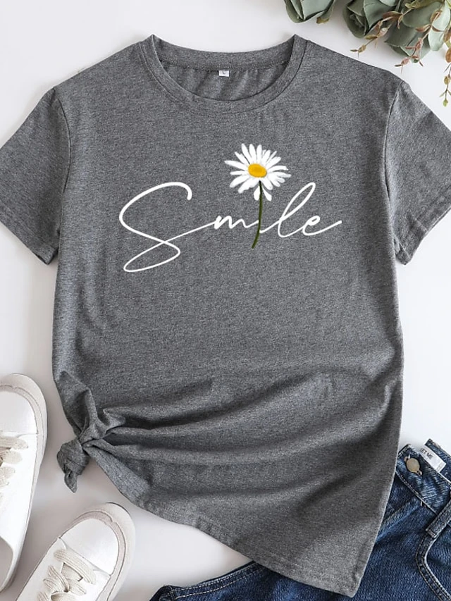 Women's Plus Size T Shirt Tee Cotton 100% Cotton Black White Yellow Daisy Print Short Sleeve Casual Weekend Basic Round Neck Regular Fit Floral Painting 6 Women's Plus Size T Shirt Tee Cotton 100% Cotton Black White Yellow Daisy Print Short Sleeve Casual Weekend Basic Round Neck Regular Fit Floral Painting - Image 6