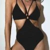 Women's Swimwear One Piece Normal Swimsuit Cut Out Striped Black Burgundy Beige Bodysuit Bathing Suits Sports Beach Wear Summer